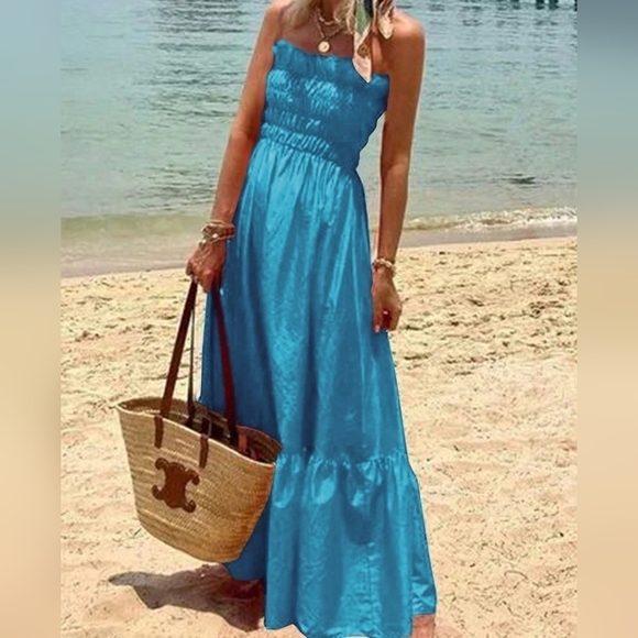 Dresses & Skirts - Solid Color Ruffle Hem Pleated Long Dress With Frilled Trim For Beach Vacation
